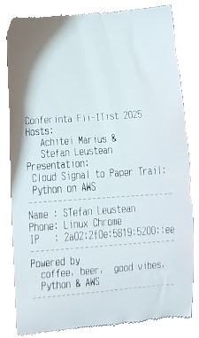 Thermal receipt example from AWS Lambda printer demo at Fii IT-ist conference